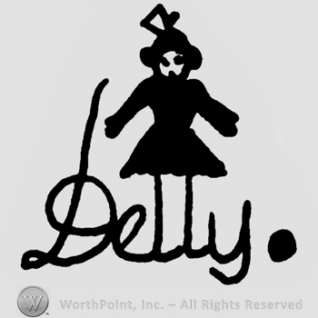Delly handwritten with lowercase letters under a stylized doll