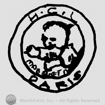 Stylized baby doll inside a circle, Uppercase H.C.L. Paris written around the doll