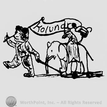 Bear walking an elephant with animals on his back, the bear is also carrying a banner with Kolundra written with lowercase letters