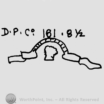 Uppercase D.P.Co and number 161 and 8 1/2 over ribbon over figure