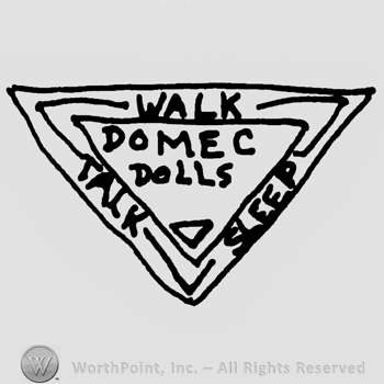 Walk, Talk, Sleep, Domec Dolls written with uppercase letters inside a triangle
