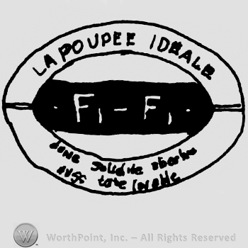 La Poupee Ideale written with uppercase letters, uppercase double FI, undescifrable writing below, all inside an oval