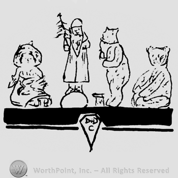 Four figures on a scene, three bears and an old man with beard holding a tree