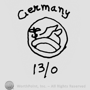 Germany written with lowercase letters over a circle with a bird and a viking's hat, number 13/0