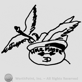 Viking hat with bird, Hole Masse written with uppercase letters, arrow and uppercase ED