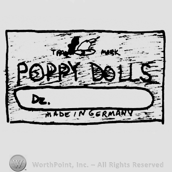 Poppy Dolls written with uppercase letters on a cartouche, oval below, special space to something to be written, Trade Mark above and Made in Germany written below