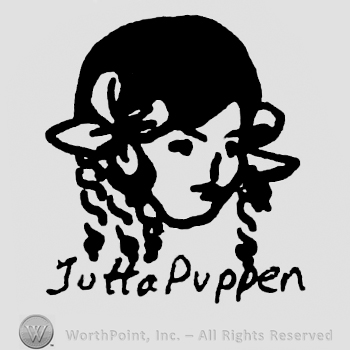 Stylized girl's head, flowers in her hair, Jutta Puppen written below with lowercase letters