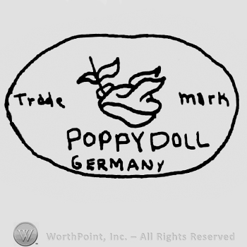 Viking hat with bird, Trade Mark Poppy Doll Germany written with uppercase letters inside an oval
