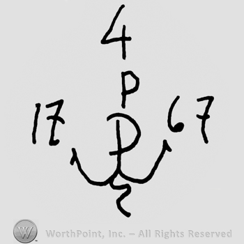 Number 4 over uppercase PP, second P like and anchor, number 1767 written on the sides of the anchor-P