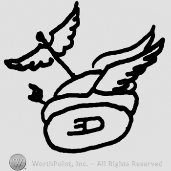 Viking hat with bird, uppercase mirrored E and uppercase D written on the hat