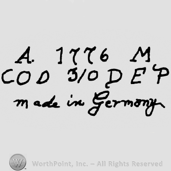Uppercase A, number 1776, uppercase M, uppercase COD, number 3/0, uppercase DEP, Made in Germany written with lowercase letters