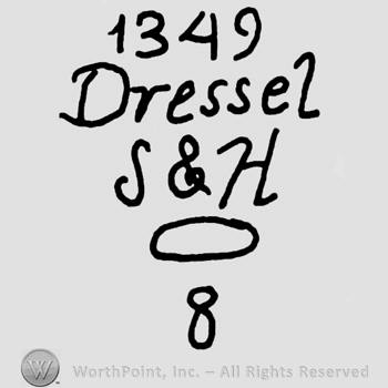 Number 1349 over Dressel handwritten, uppercase S&H handwritten, oval and number 8