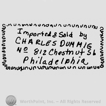 Imported & Sold by Charles Dumming no. 812 Chestnut St Philadelphia written with uppercase letters inside a rectangular ornamented design
