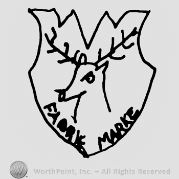 Stag's head with antlers, Fabrik Marke written with uppercase letters, all on a shield