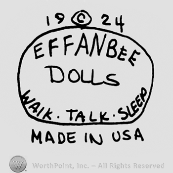 Year 1924 with the Copyright symbol in the middle over an oval with Effanbee Dolls Walk talk Speel written with uppercase letters, Made in USA written below the oval with uppercase letters