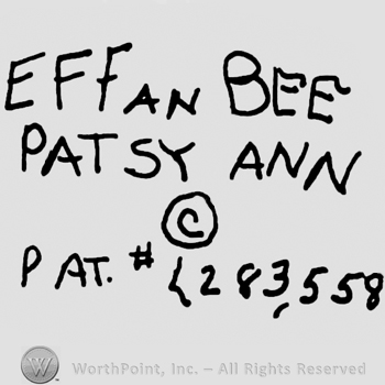 Effanbee Patsy Ann written with uppercase letters over the Copyright symbol, pat. # 283, 558 written below