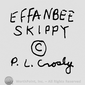 Effanbee Skippy written with uppercase letters over the Copyright symbol, handwritten P.L. Crosby below