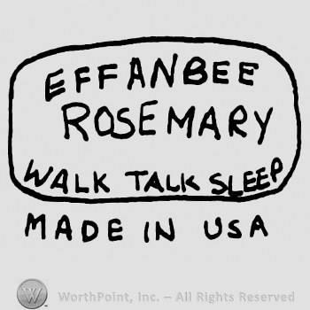 Effanbee Rosemary Walk Talk Sleep written with uppercase letters inside an oval, Made in USA written with uppercase letters