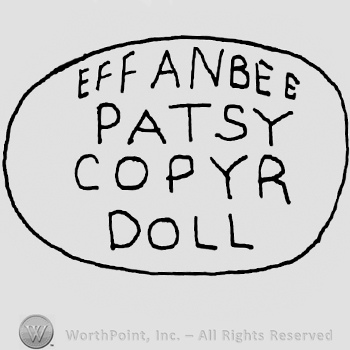 Effanbee Patsy Copyr Doll written with uppercase letters inside an oval