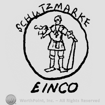 Stanting man with stick in a circle, Schutzmarke written above with uppercase letters, Einco written below with uppercase letters