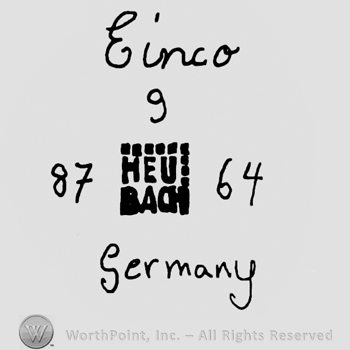 Einco handwritten over number 9, Heubach written on two rows with uppercase letters, number 87 and 64 on sides, Germany handwritten below