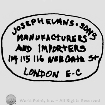 Joseph Evans Sons Manufacturers and Importers written with uppercase letters, numbers 114, 115, 116 Nebgate St. London S.C.written with uppercase letters, all inside an oval