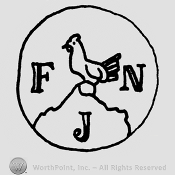 Rooster on a pile, uppercase F, N and J around it, all inside a circle