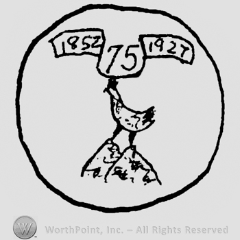 Rooster on a pile with ribbon above, years 1852 1927 and number 75 written in between on the ribbon, all inside a circle