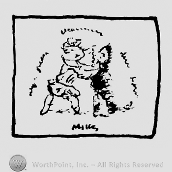 Two facing standing figures, writings around them, all inside a square