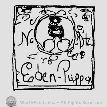 Square with doll in circle, very ornamented, Eden Puppen handwritten