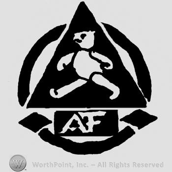 Walking bear inside a triangle, uppercase AF below, all inside a circle