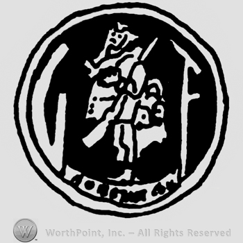 Standing man holding a rifle, uppercase GF on the sides, writing below, all inside a circle