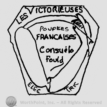 Mechanical stylized hand, Les Victorieuses written above with uppercase letters, Poupees Francaises Consuelo Fould written inside