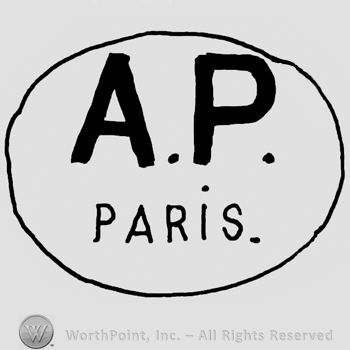 Uppercase A.P. Over Paris written with uppercase letters, all inside an oval