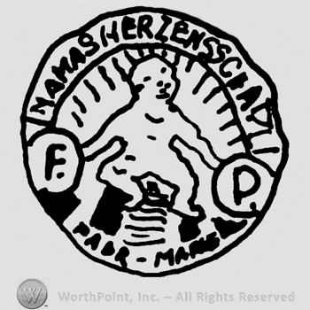 Stylized human figure, hands pointing uppercase F and uppercase D inside circles, Namas Herzens Scha written above with uppercase letters, all inside a circle