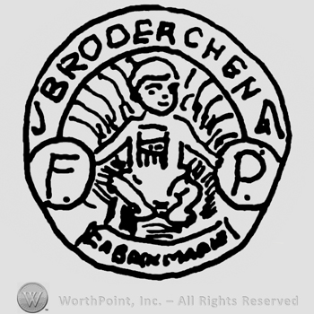 Human stylized figure standing, hands pointing uppercase F and P inside circles, Broderchen written above with uppercase letters, all inside a circle