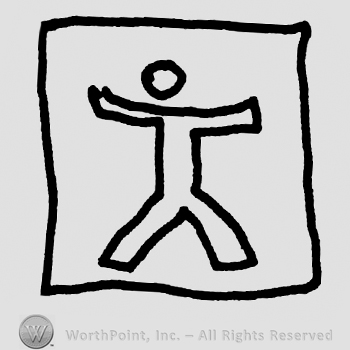 Stylized human figure standing, arms wide open, inside a square