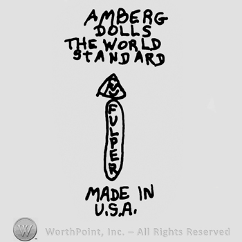 Fulper written on a vertical oval design, Amberg Dolls The World Standard written above with uppercase letters, Made in USA written with uppercase letters