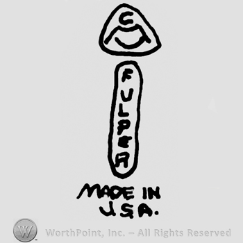 Complex design in triangle over Fulper written with uppercase letters inside a vertical oval, Made in USA written with uppercase letters below