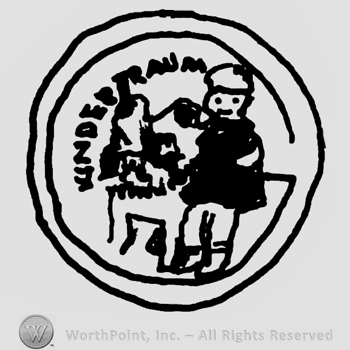 Stylized child with bird inside a circle, Kinder Traum written on the left side with uppercase letters, all inside a circle