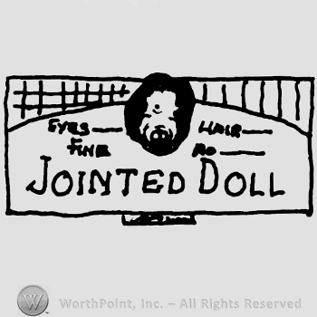 Jointed Doll written with uppercase letters under an oval complex design, Eyes Fine Hair No also written with uppercase letters and followed by blank lines, all inside a rectangular line