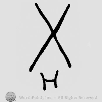 Crossed lines, X-like, over capital H