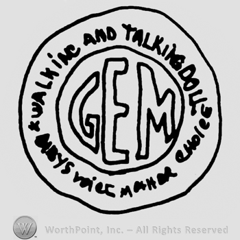 Gem written with uppercase letters in the center of a round design with writings around it: walking talking doll.