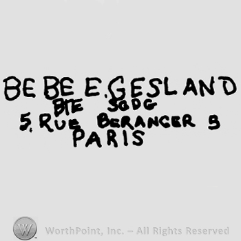 Bebe Gesland with uppercase letters over uppercase BTE SGDG 5 Rue Beranger 5 Paris written also with uppercase letters