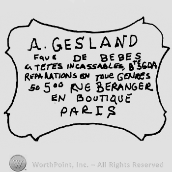 A. Gesland Fque de Bebes A Tetes Incassables Bte Gda Reparation tour Genres 50 5me Rue Beranger en Boutique Paris, all written with uppercase letter on a label-like banner