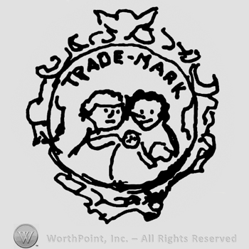 Boy and girl, trade mark written above with upprcase letters, inside an ornamented circle