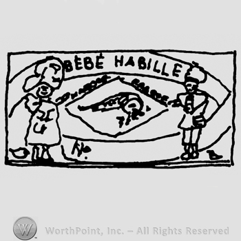 Bebe Habille written with uppercase letters on a ribbon held by a Doll and a Knight that are placed on the sides of a diamond with writings arount it, all inside a rectangle