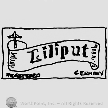 Liliput written with lowercase letters on a ribbon in a rectangle, Registered Germany written on the lower corners of the rectangle