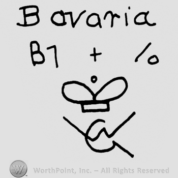 Bavaria written with lowercase letters, uppercase B and number 1, plus sign, slash and number 0, crown over uppercase GW