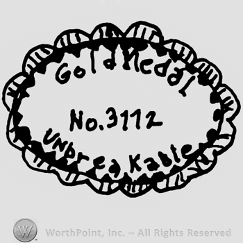 Gold Medal with lowercase letters, No. 3112 Unbreakable written below with lowercase letters, all inside an ornamented oval